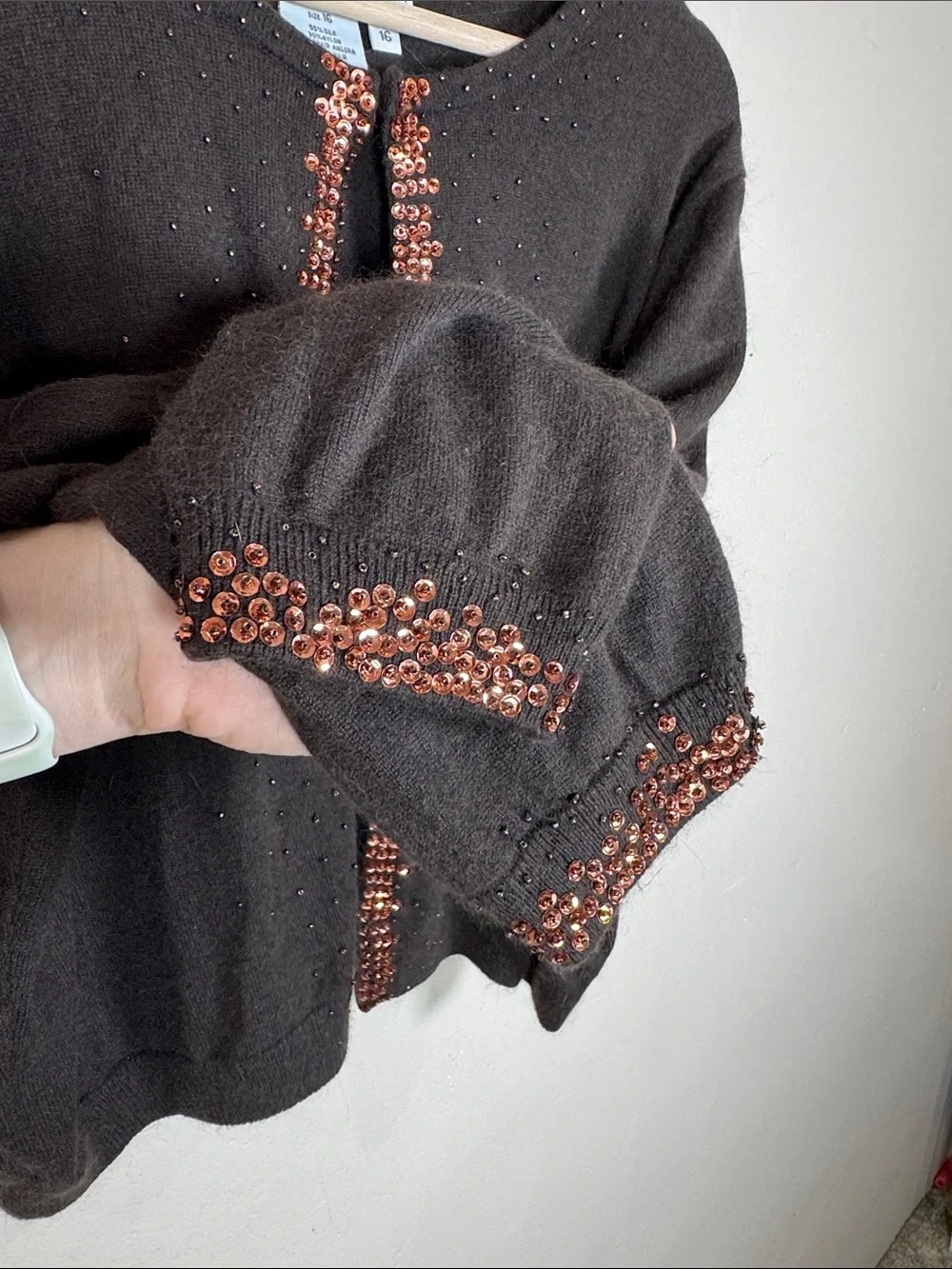 VTG Maggy London Chocolate Brown Cardigan Knit Beaded Trim Angora Silk Classic
